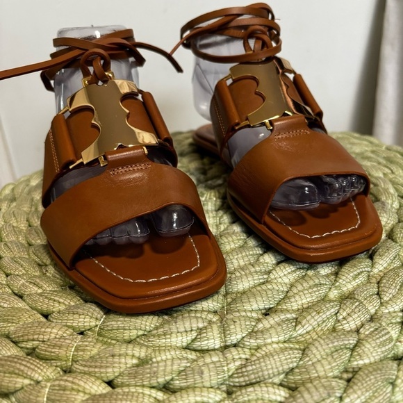 NWOB Tory Burch Gemini Link Lace Up Wrap Flat Royal Tan/Gold Leather Sandals - Picture 6 of 12